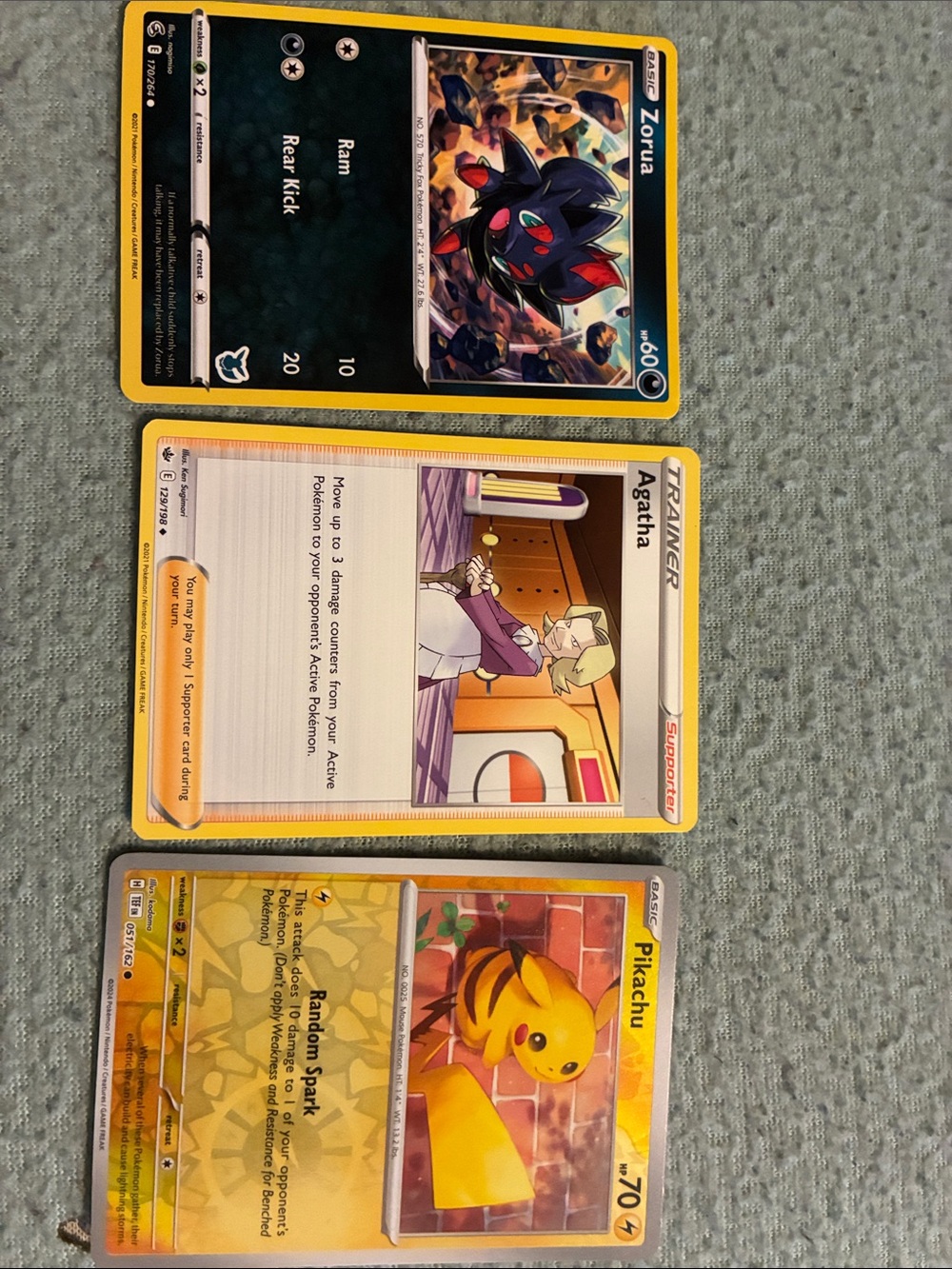 Pokemon Yellow & Blue Accent Pikachu, Zorua & Agatha TCG Cards